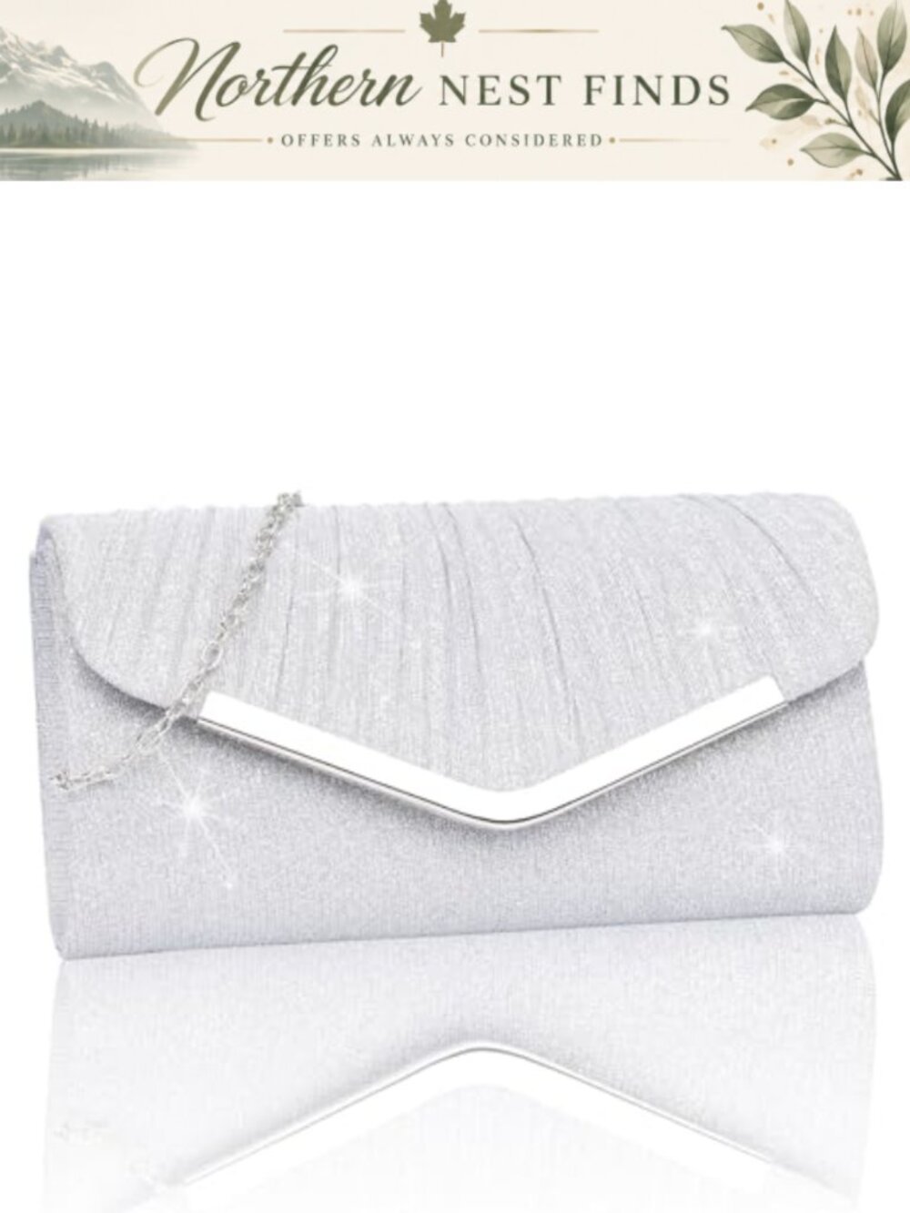 Silver Glitter Pleated Evening Clutch with Chain Strap Formal Envelope Purse